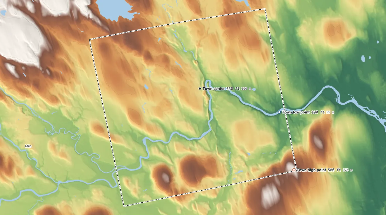 Topographic elevation map of Medford, Maine, shaded from 190 ft on the east side to 580 ft on the southeast side