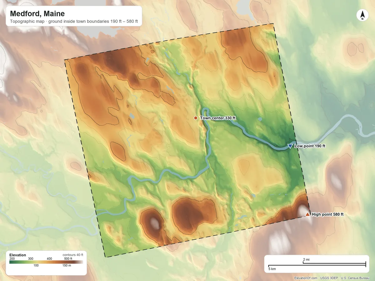 Topographic elevation map of Medford, Maine, shaded from 190 ft on the east side to 580 ft on the southeast side