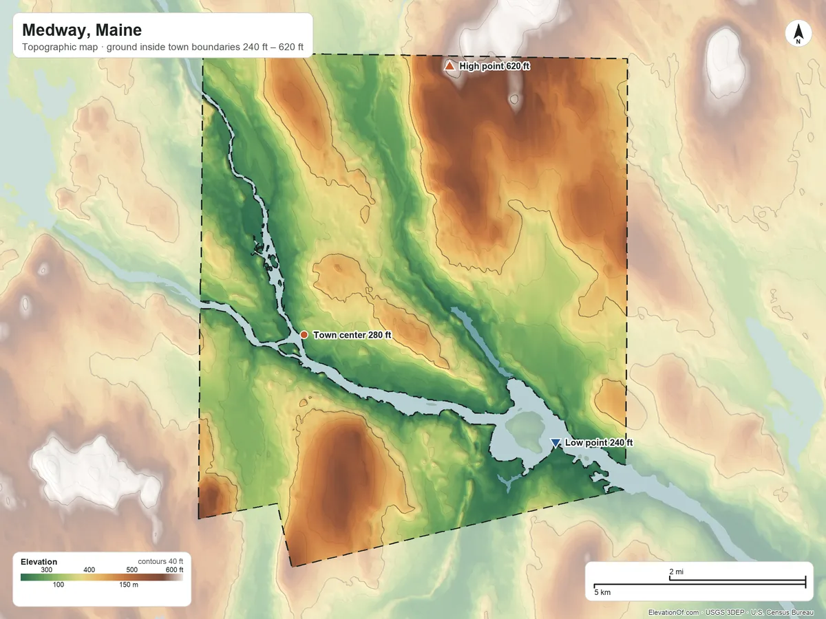 Topographic elevation map of Medway, Maine, shaded from 240 ft on the southeast side to 620 ft on the northeast side