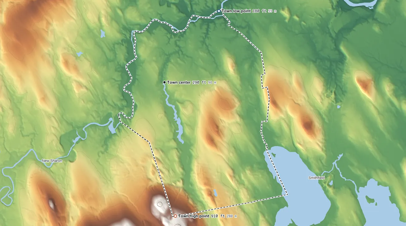 Topographic elevation map of Mercer, Maine, shaded from 180 ft on the northeast side to 910 ft on the south side