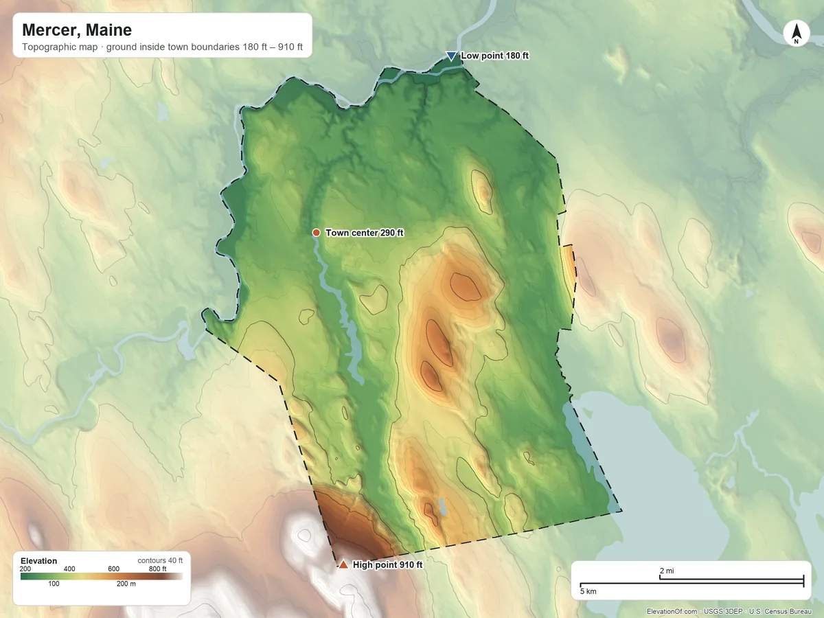 Topographic elevation map of Mercer, Maine, shaded from 180 ft on the northeast side to 910 ft on the south side
