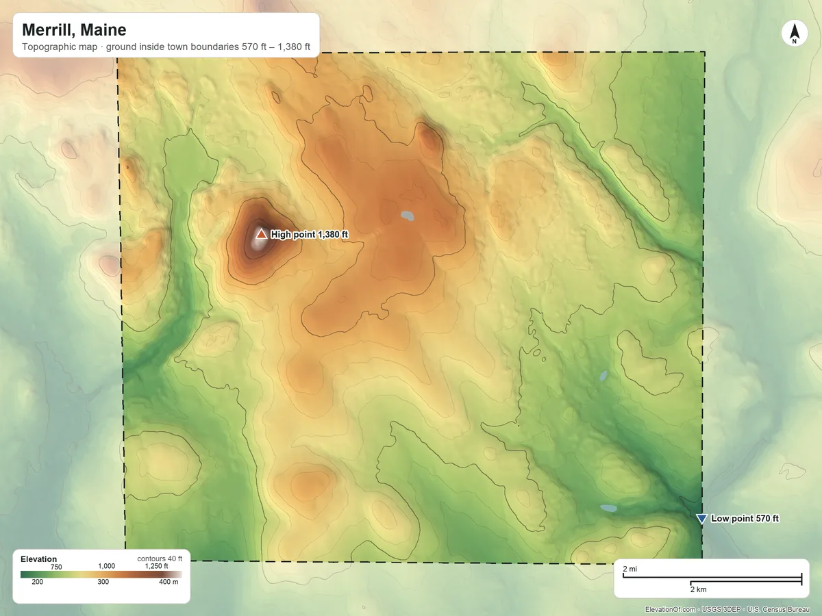 Topographic elevation map of Merrill, Maine, shaded from 570 ft on the southeast side to 1,380 ft on Sholler Mountain