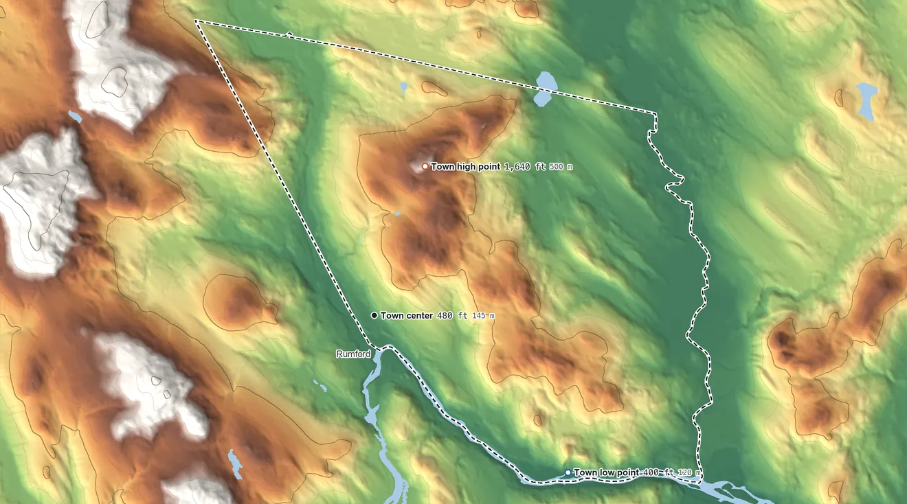 Topographic elevation map of Mexico, Maine, shaded from 400 ft on the southeast side to 1,640 ft on Thompson Hill