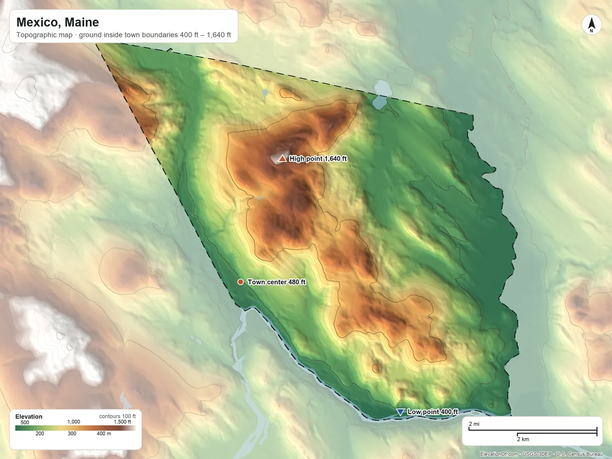 Topographic elevation map of Mexico, Maine, shaded from 400 ft on the southeast side to 1,640 ft on Thompson Hill