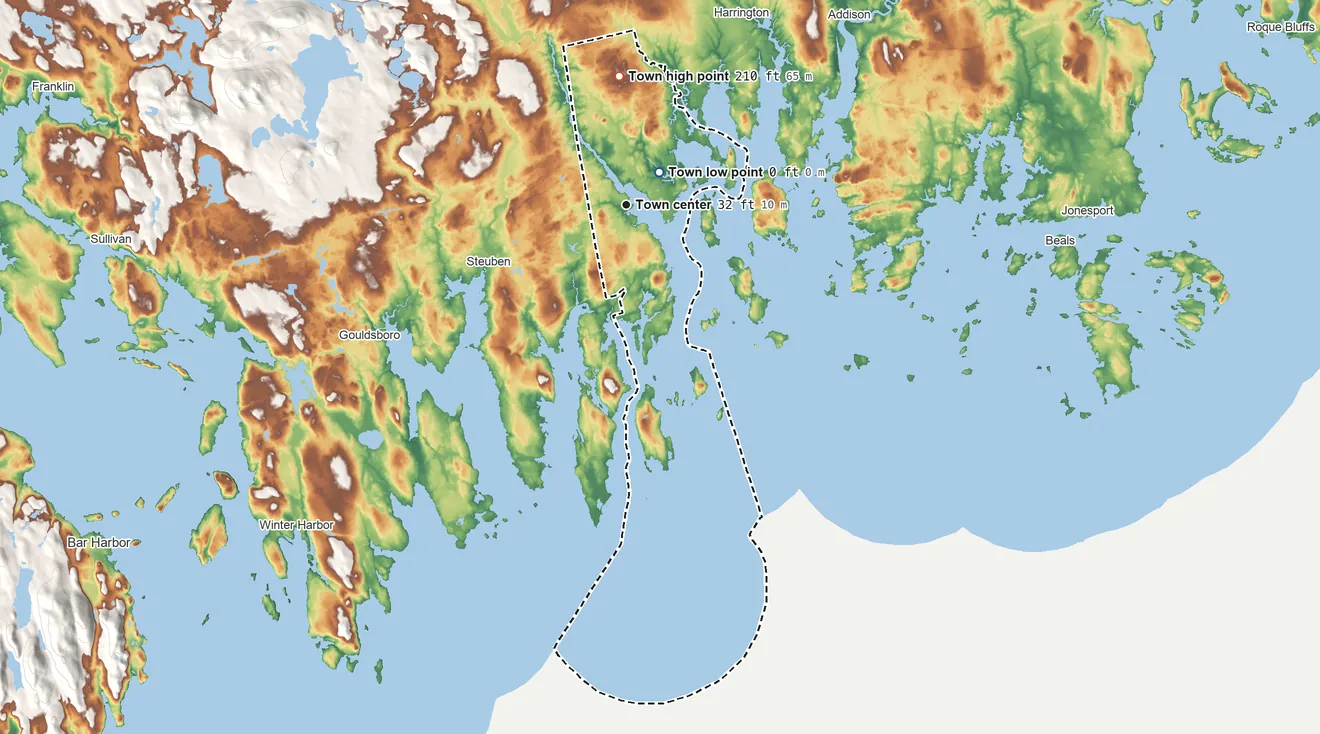 Topographic elevation map of Milbridge, Maine, shaded from sea level level on Beaver Meadow Brook to 210 ft on the north side