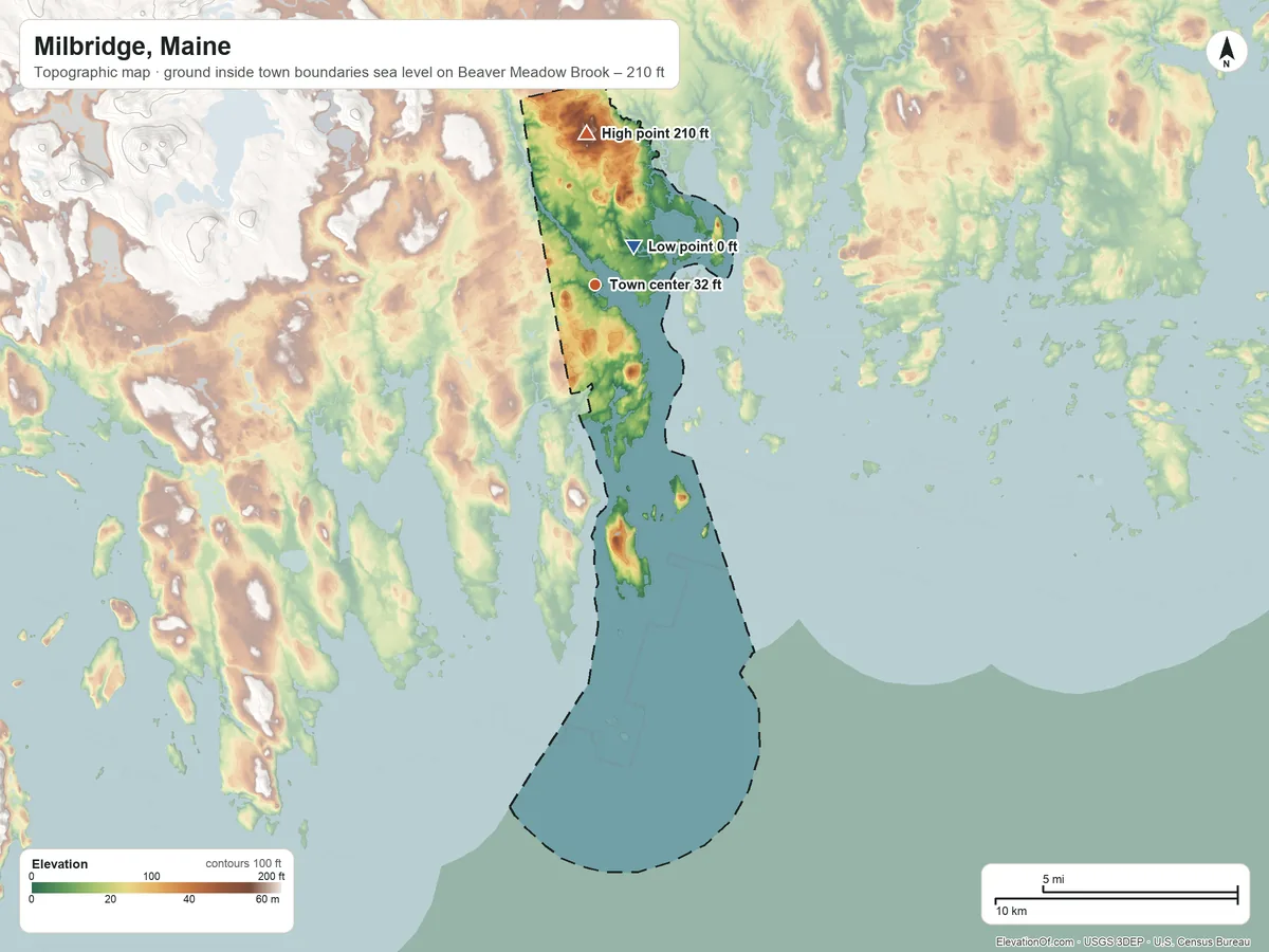 Topographic elevation map of Milbridge, Maine, shaded from sea level level on Beaver Meadow Brook to 210 ft on the north side