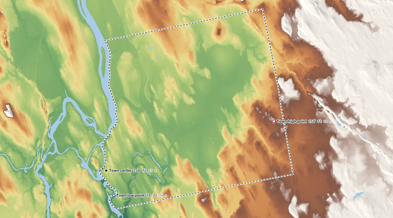 Topographic elevation map of Milford, Maine, shaded from 78 ft near the middle to 260 ft on the east side