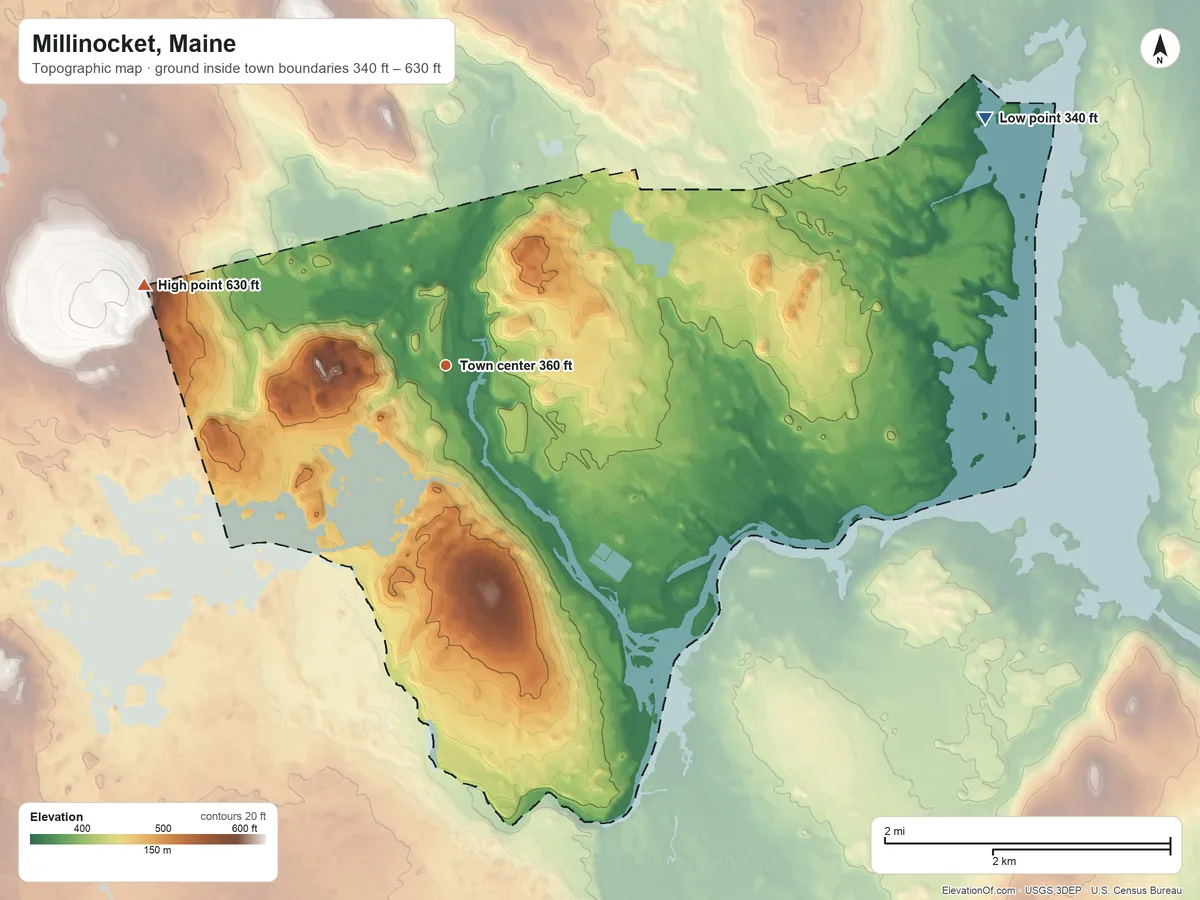 Topographic elevation map of Millinocket, Maine, shaded from 340 ft on the northeast side to 630 ft on the west side