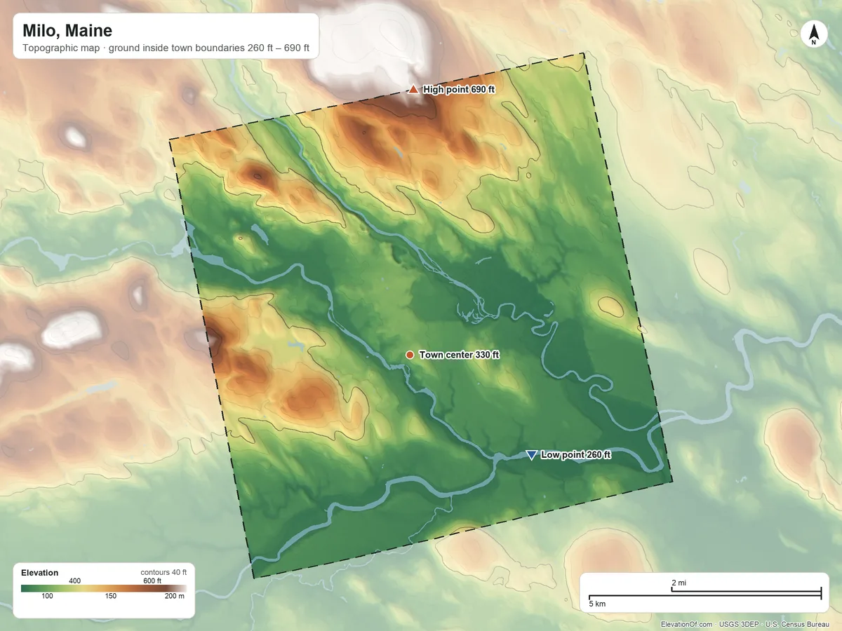 Topographic elevation map of Milo, Maine, shaded from 260 ft on the southeast side to 690 ft on the north side