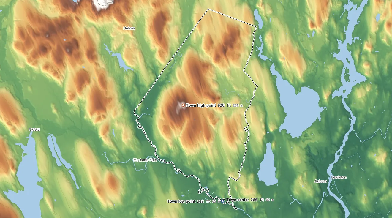 Topographic elevation map of Minot, Maine, shaded from 210 ft near the middle to 920 ft on Mount Prospect