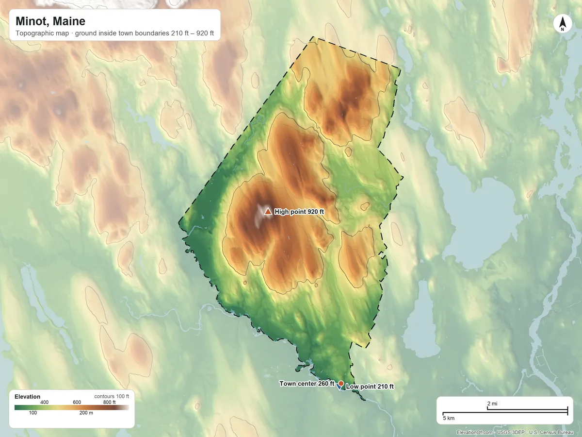 Topographic elevation map of Minot, Maine, shaded from 210 ft near the middle to 920 ft on Mount Prospect