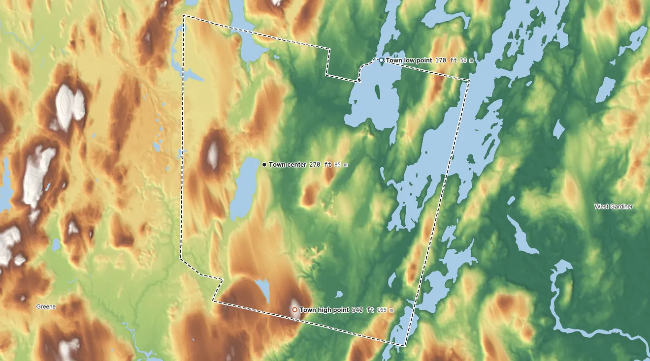Topographic elevation map of Monmouth, Maine, shaded from 170 ft on the northeast side to 540 ft on the south side