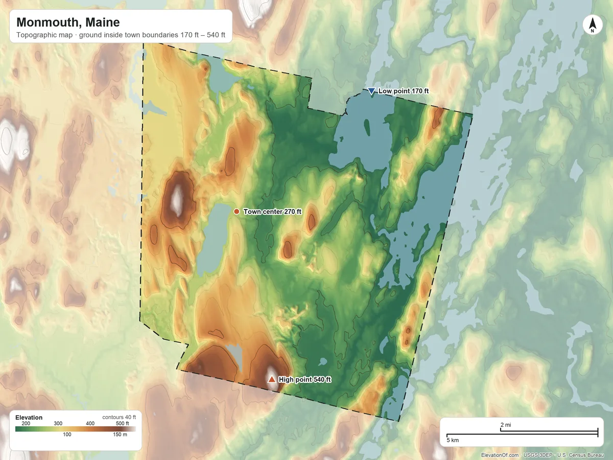 Topographic elevation map of Monmouth, Maine, shaded from 170 ft on the northeast side to 540 ft on the south side