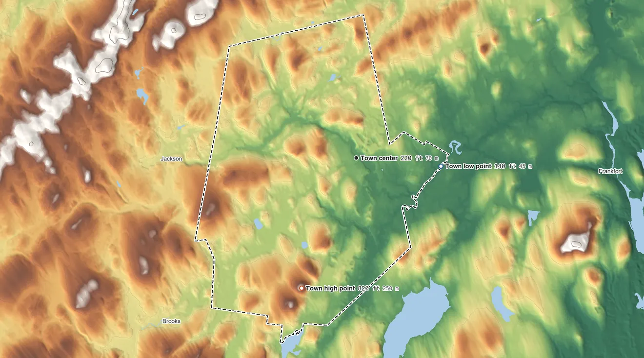 Topographic elevation map of Monroe, Maine, shaded from 140 ft on the east side to 820 ft on Bear Hill