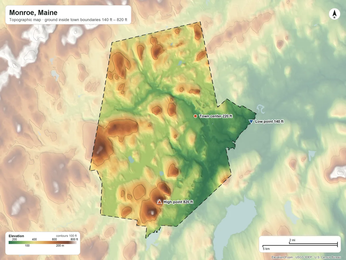 Topographic elevation map of Monroe, Maine, shaded from 140 ft on the east side to 820 ft on Bear Hill