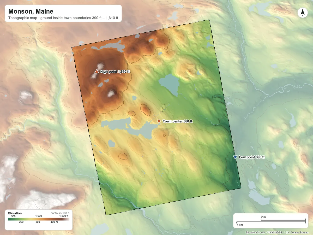Topographic elevation map of Monson, Maine, shaded from 390 ft on the southeast side to 1,610 ft on Doughty Hill