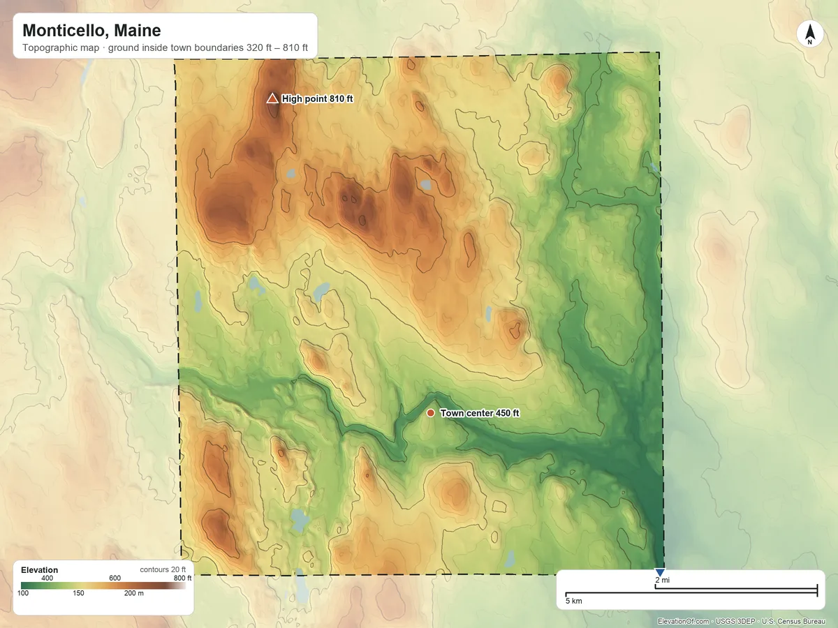 Topographic elevation map of Monticello, Maine, shaded from 320 ft on the southeast side to 810 ft on Sugar Loaf