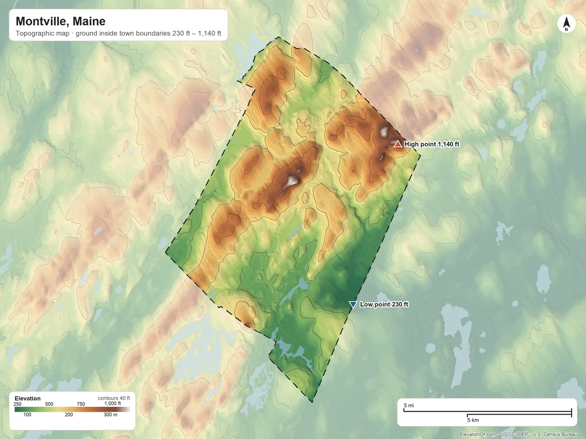 Topographic elevation map of Montville, Maine, shaded from 230 ft on the southeast side to 1,140 ft on Frye Mountain