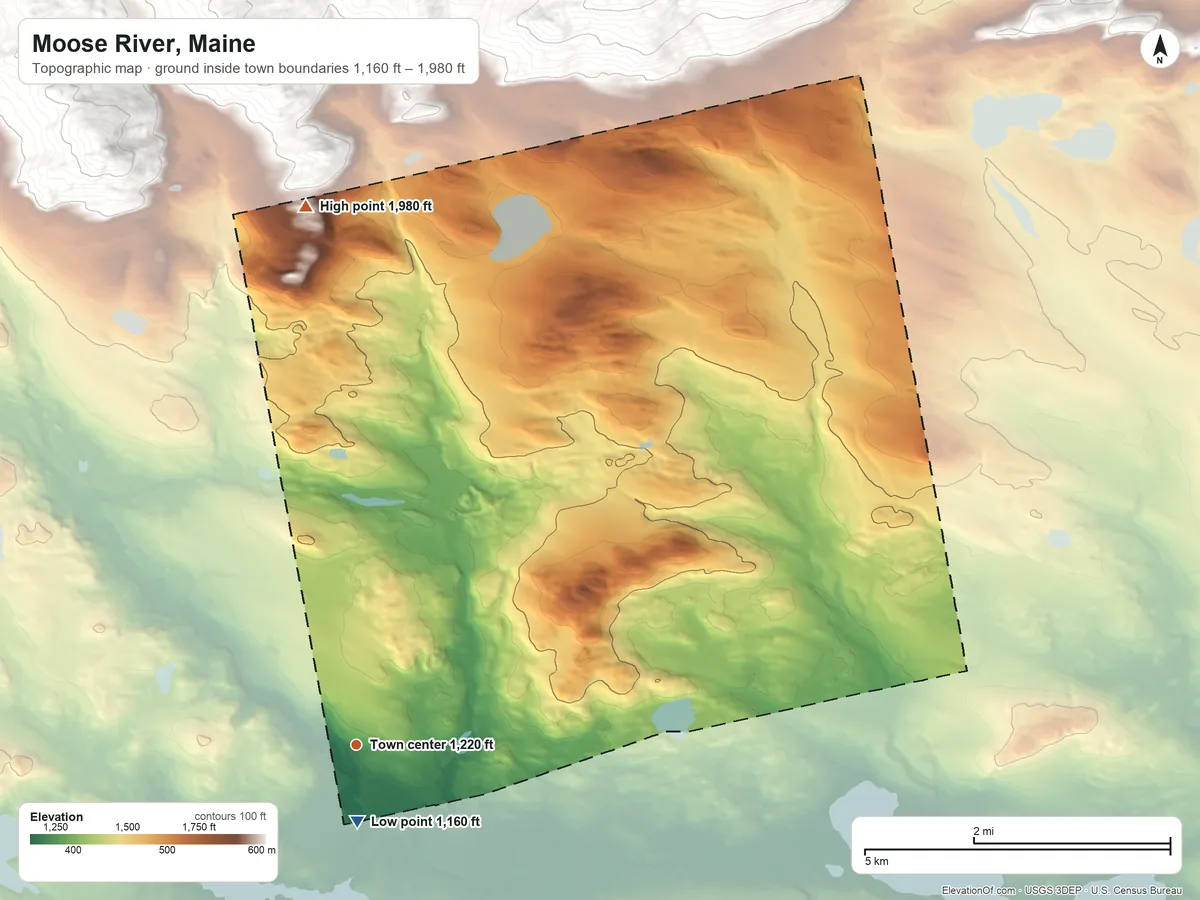 Topographic elevation map of Moose River, Maine, shaded from 1,160 ft near the middle to 1,980 ft on the north edge, below higher ground just outside