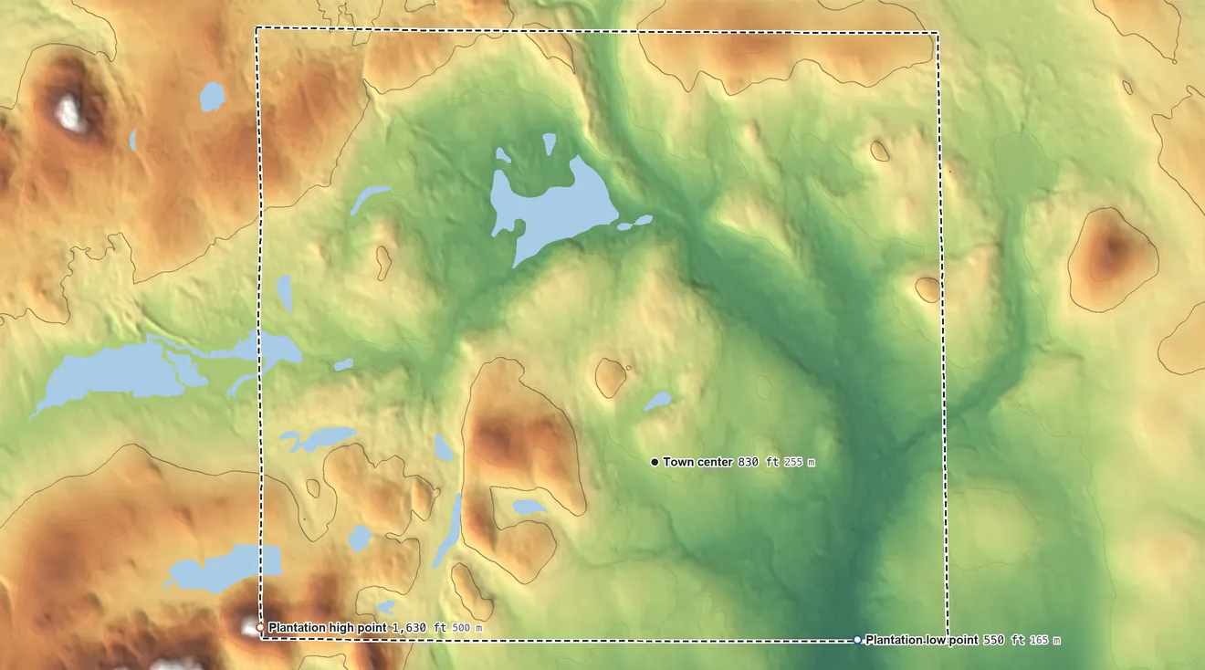 Topographic elevation map of Moro, Maine, shaded from 550 ft on the southeast side to 1,630 ft on the southwest edge, below higher ground just outside