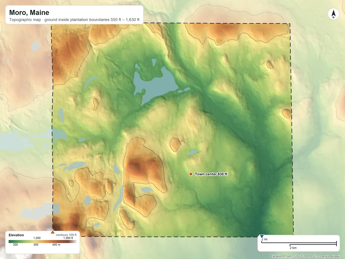 Topographic elevation map of Moro, Maine, shaded from 550 ft on the southeast side to 1,630 ft on the southwest edge, below higher ground just outside