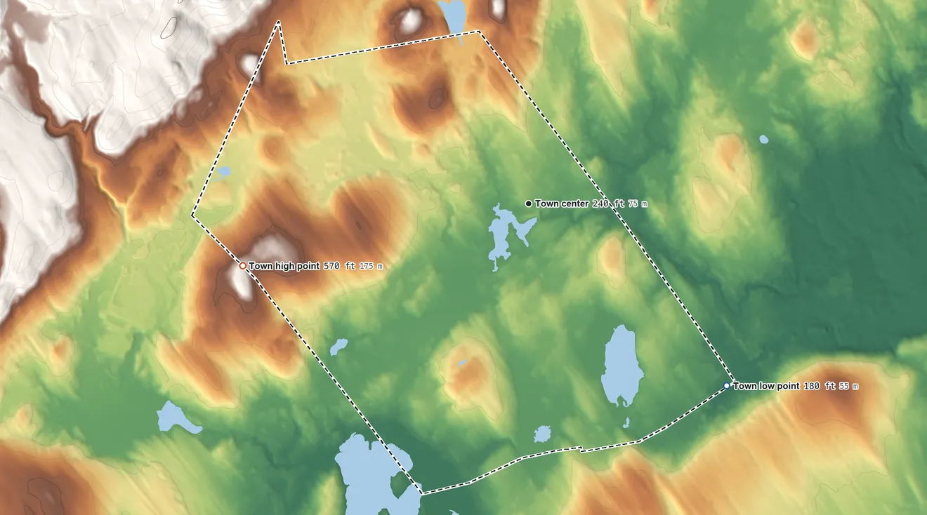 Topographic elevation map of Morrill, Maine, shaded from 180 ft on the southeast side to 570 ft on the west side
