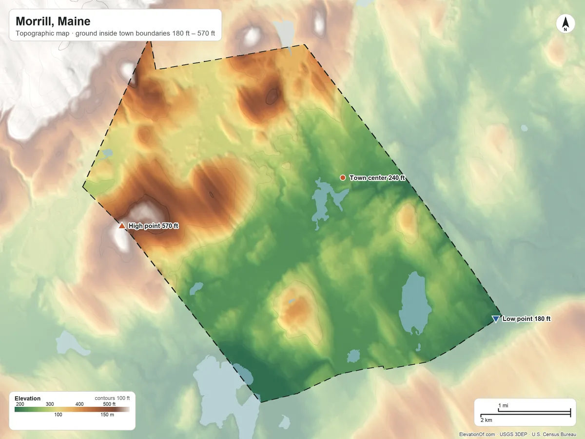 Topographic elevation map of Morrill, Maine, shaded from 180 ft on the southeast side to 570 ft on the west side