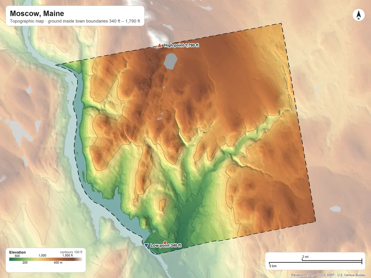 Topographic elevation map of Moscow, Maine, shaded from 340 ft near the middle to 1,790 ft on the north edge, below higher ground just outside