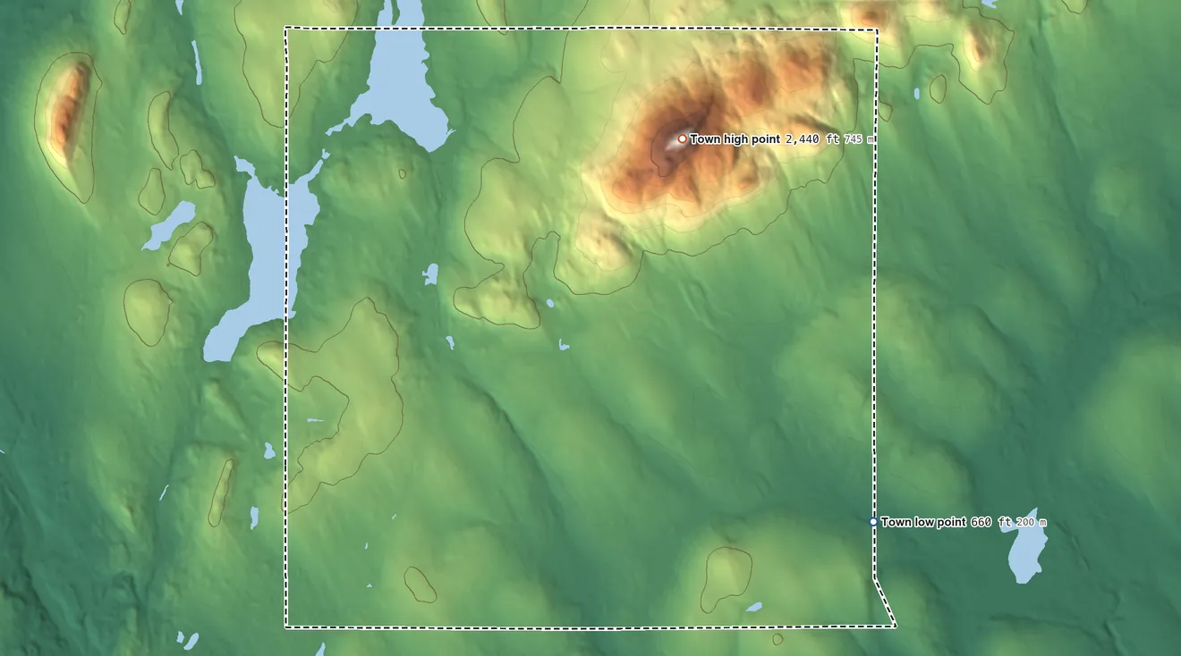 Topographic elevation map of Mount Chase, Maine, shaded from 660 ft on the east side to 2,440 ft on Mount Chase