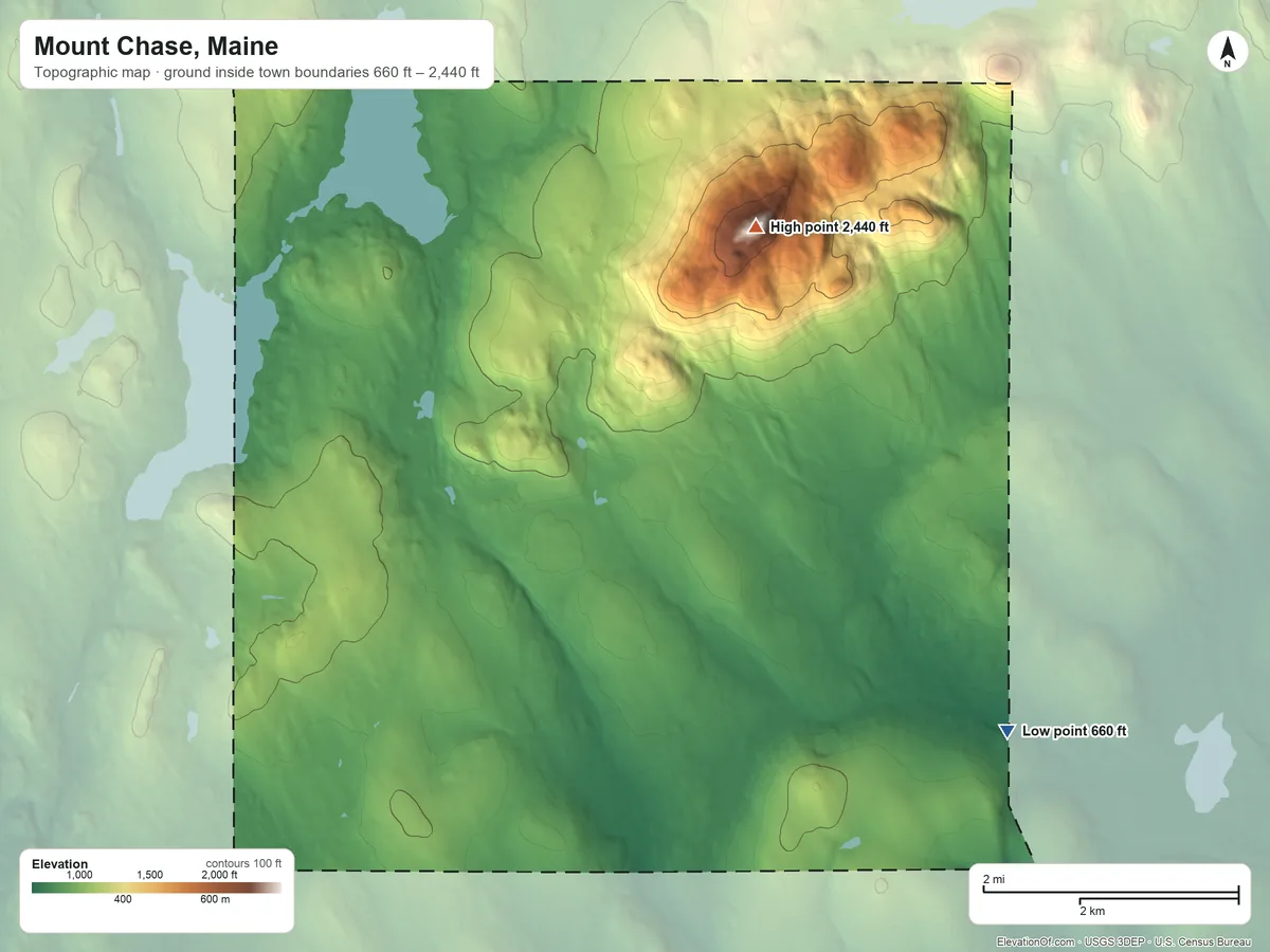 Topographic elevation map of Mount Chase, Maine, shaded from 660 ft on the east side to 2,440 ft on Mount Chase