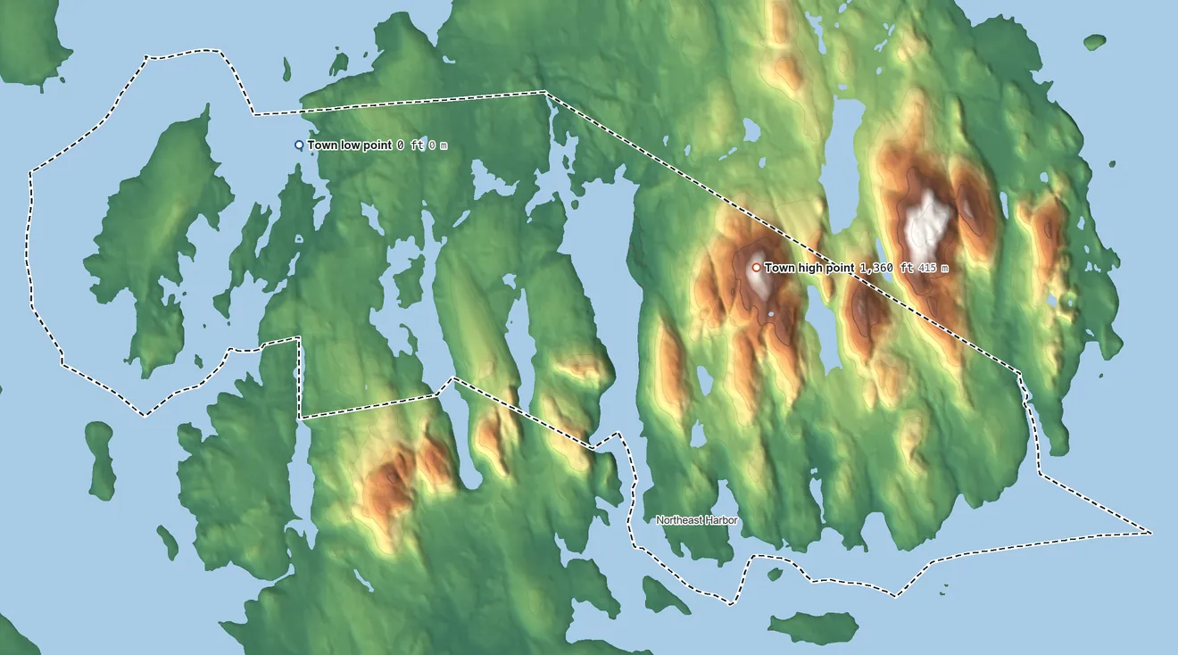 Topographic elevation map of Mount Desert, Maine, shaded from sea level level on Western Bay to 1,360 ft on Sargent Mountain