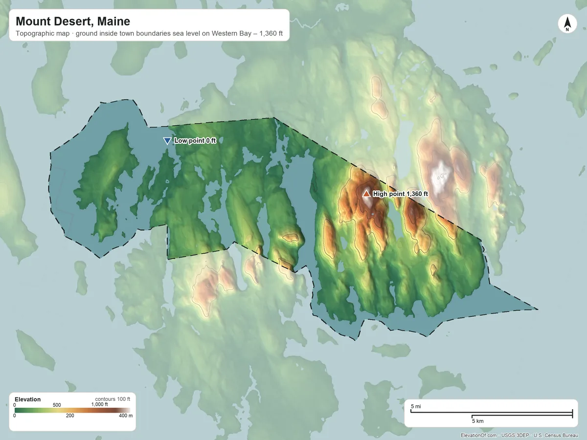 Topographic elevation map of Mount Desert, Maine, shaded from sea level level on Western Bay to 1,360 ft on Sargent Mountain