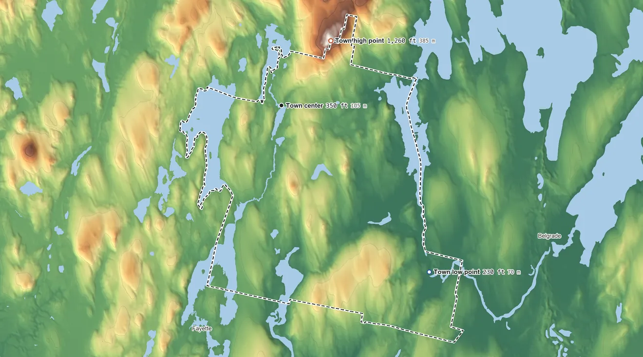 Topographic elevation map of Mount Vernon, Maine, shaded from 230 ft on the southeast side to 1,260 ft on the northeast edge, below higher ground just outside