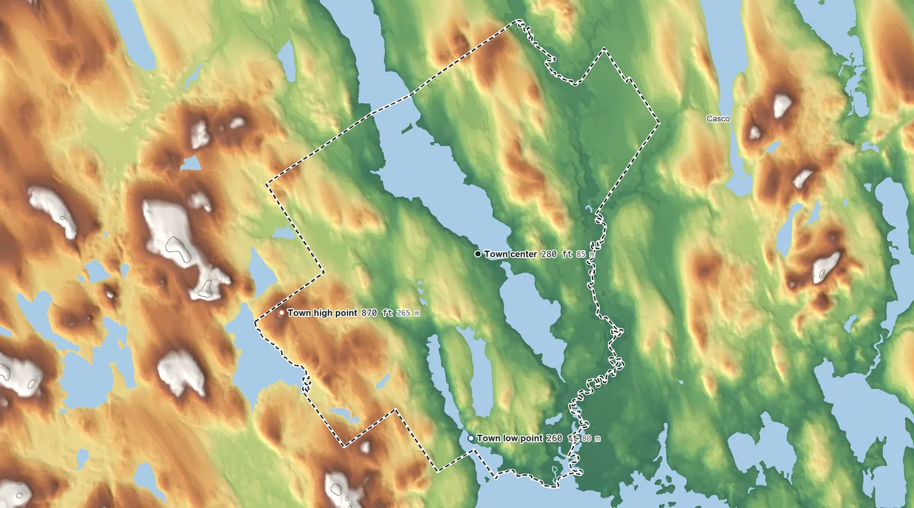 Topographic elevation map of Naples, Maine, shaded from 260 ft on the south side to 870 ft on Mosher Mountain