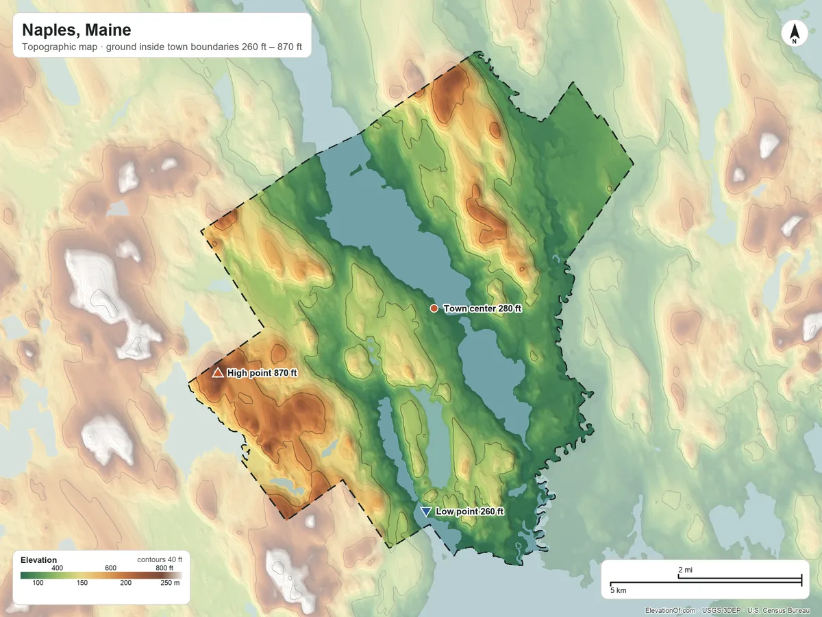 Topographic elevation map of Naples, Maine, shaded from 260 ft on the south side to 870 ft on Mosher Mountain