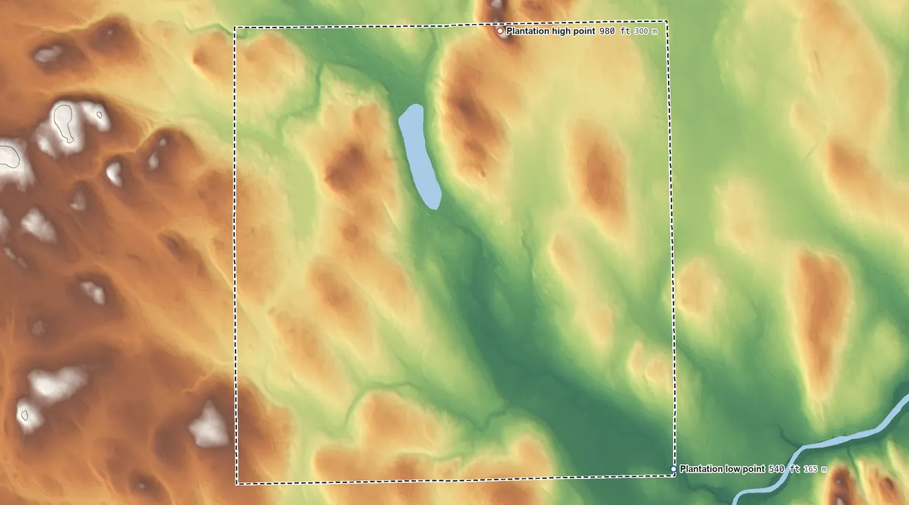 Topographic elevation map of Nashville, Maine, shaded from 540 ft on the southeast side to 980 ft on the north side