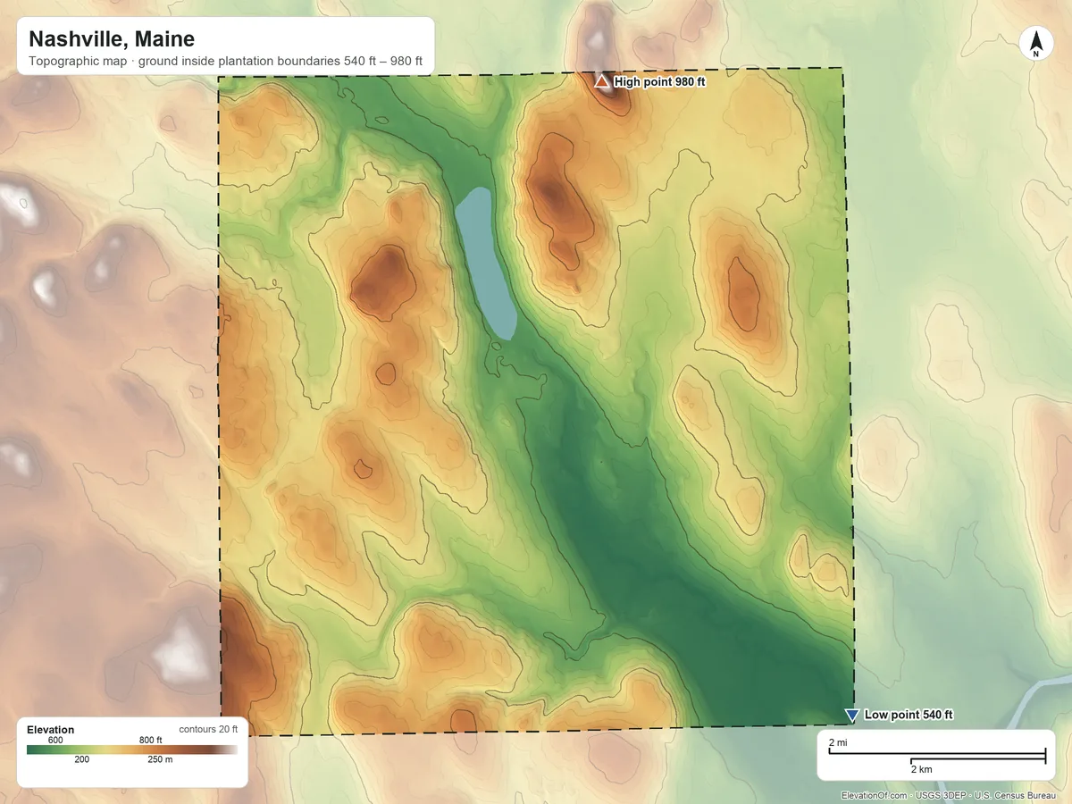 Topographic elevation map of Nashville, Maine, shaded from 540 ft on the southeast side to 980 ft on the north side