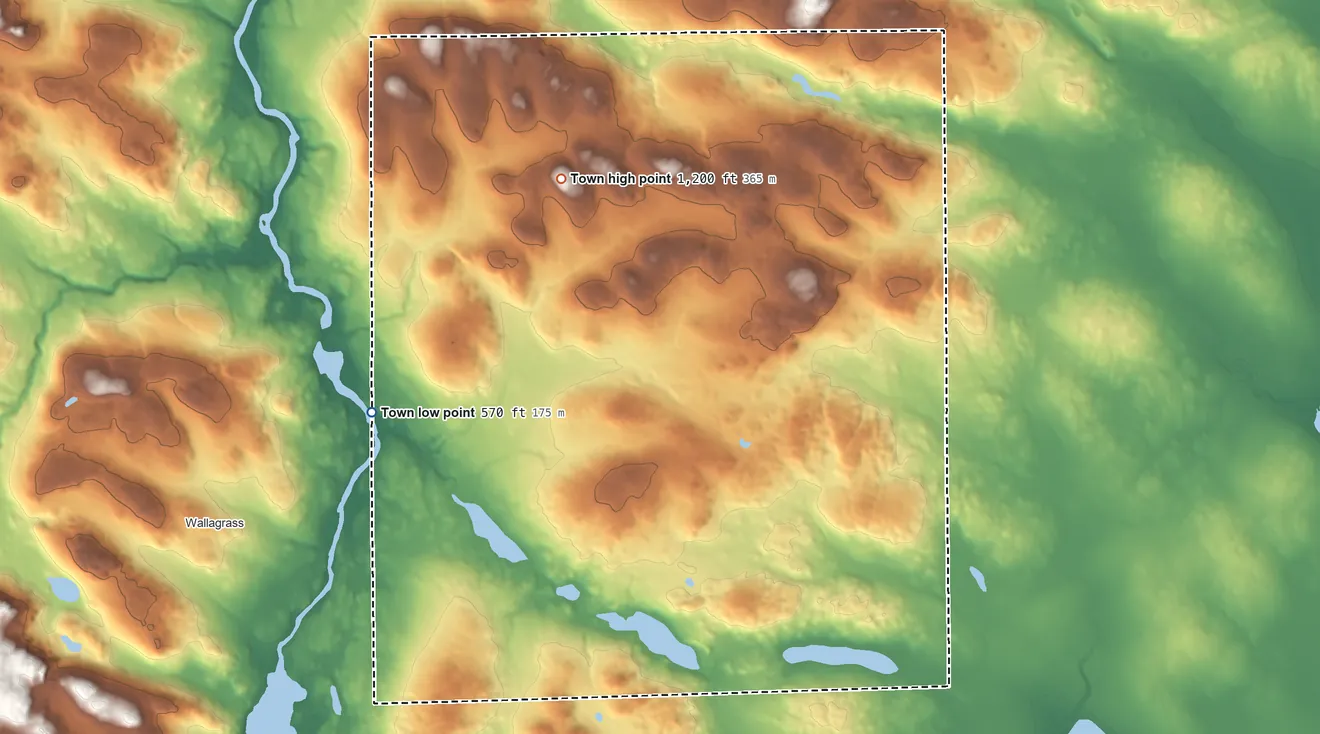 Topographic elevation map of New Canada, Maine, shaded from 570 ft on the southwest side to 1,200 ft near the middle