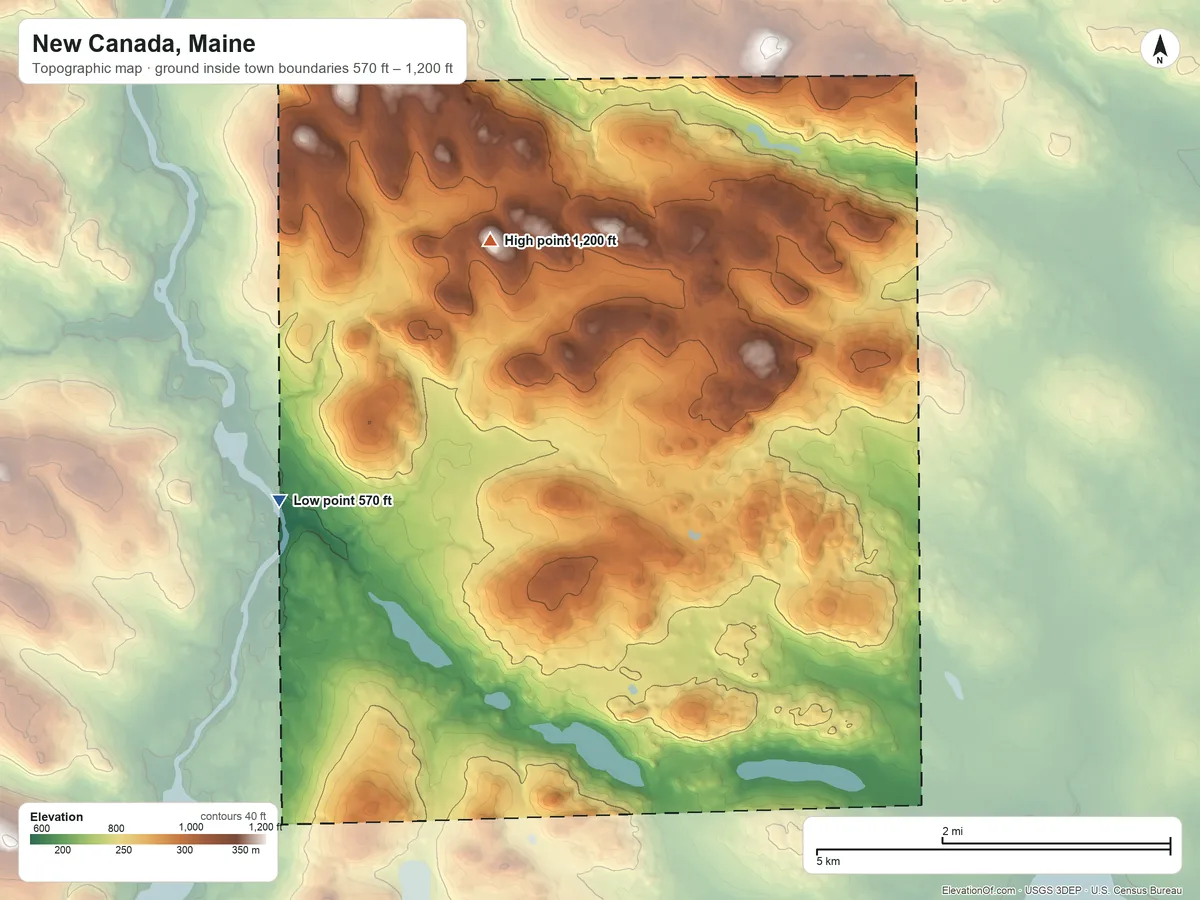 Topographic elevation map of New Canada, Maine, shaded from 570 ft on the southwest side to 1,200 ft near the middle