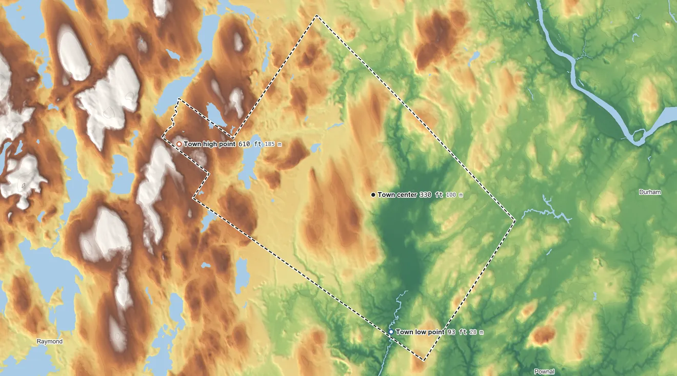 Topographic elevation map of New Gloucester, Maine, shaded from 93 ft on the south side to 610 ft on the west side
