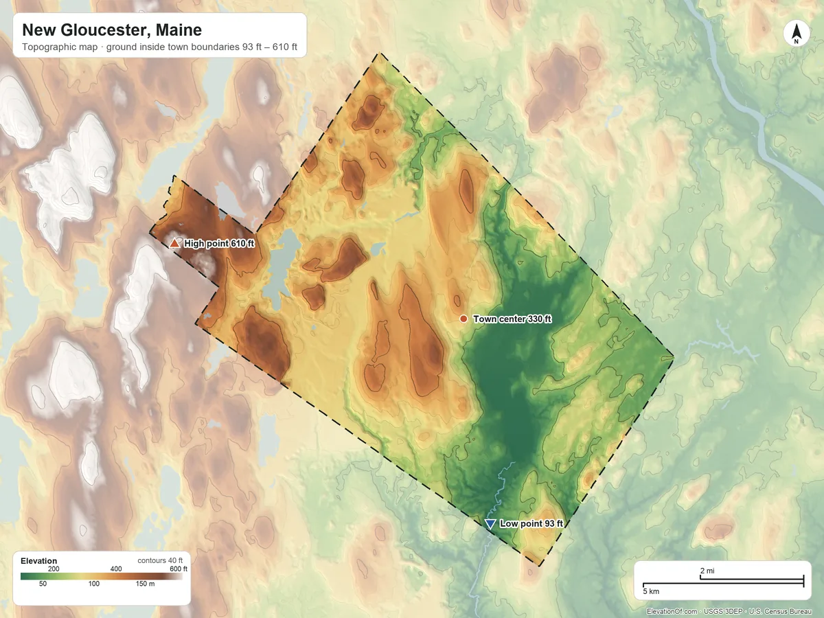 Topographic elevation map of New Gloucester, Maine, shaded from 93 ft on the south side to 610 ft on the west side