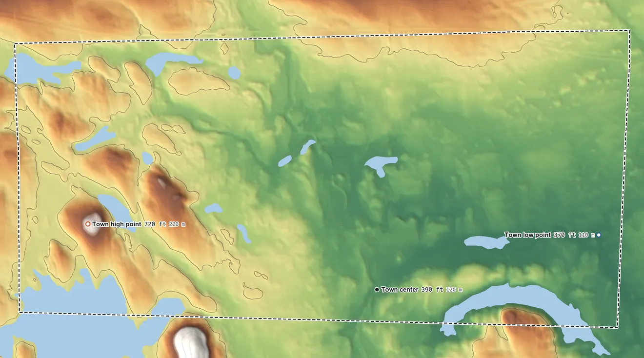 Topographic elevation map of New Limerick, Maine, shaded from 370 ft on the east side to 720 ft on the west side