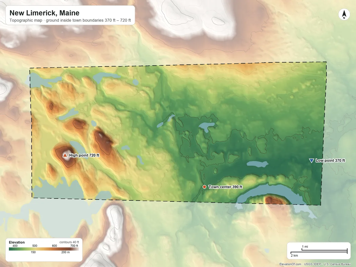 Topographic elevation map of New Limerick, Maine, shaded from 370 ft on the east side to 720 ft on the west side