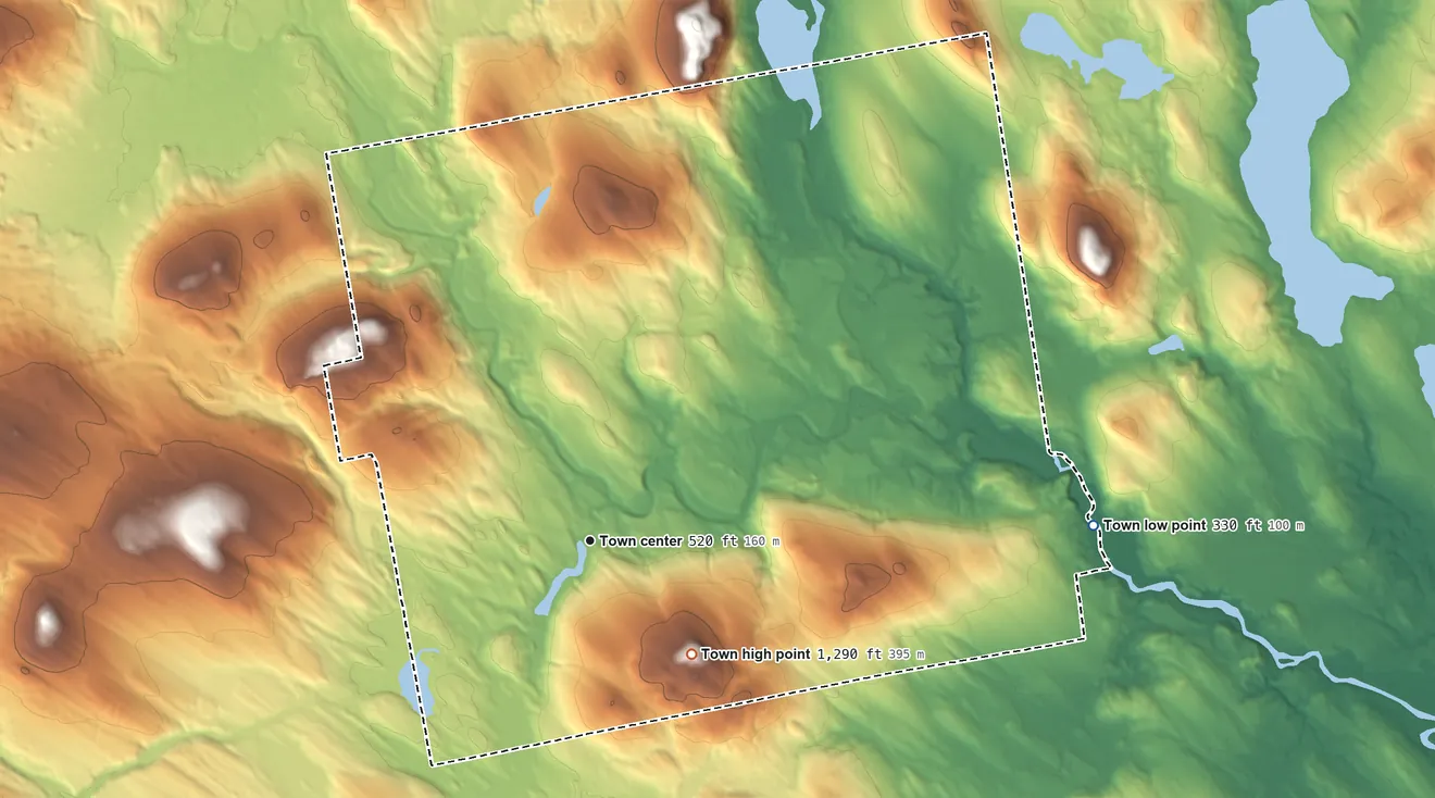 Topographic elevation map of New Portland, Maine, shaded from 330 ft on the east side to 1,290 ft on the southeast side