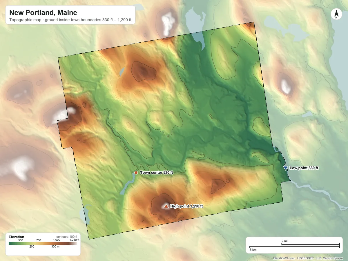 Topographic elevation map of New Portland, Maine, shaded from 330 ft on the east side to 1,290 ft on the southeast side