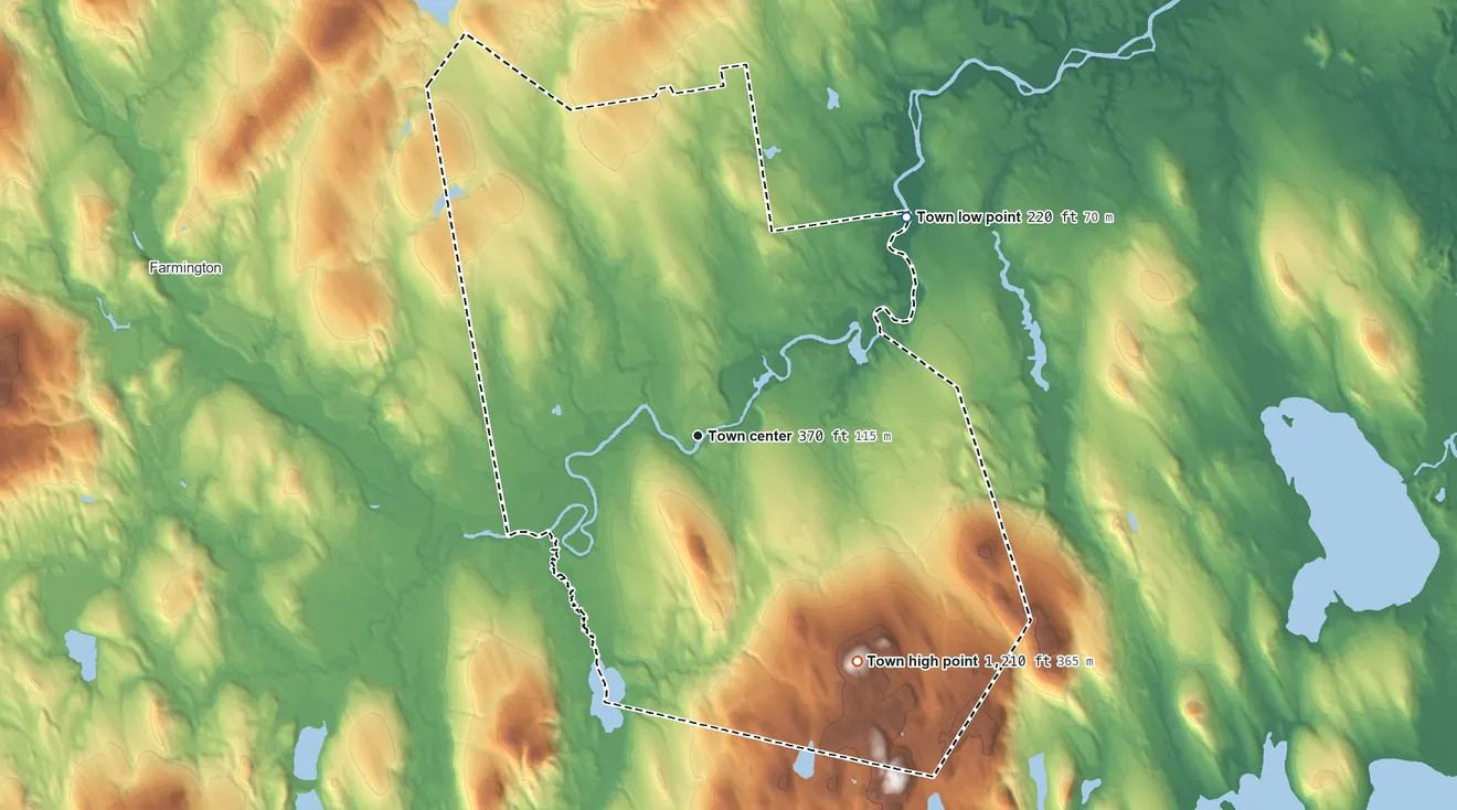 Topographic elevation map of New Sharon, Maine, shaded from 220 ft on the northeast side to 1,210 ft on York Hill