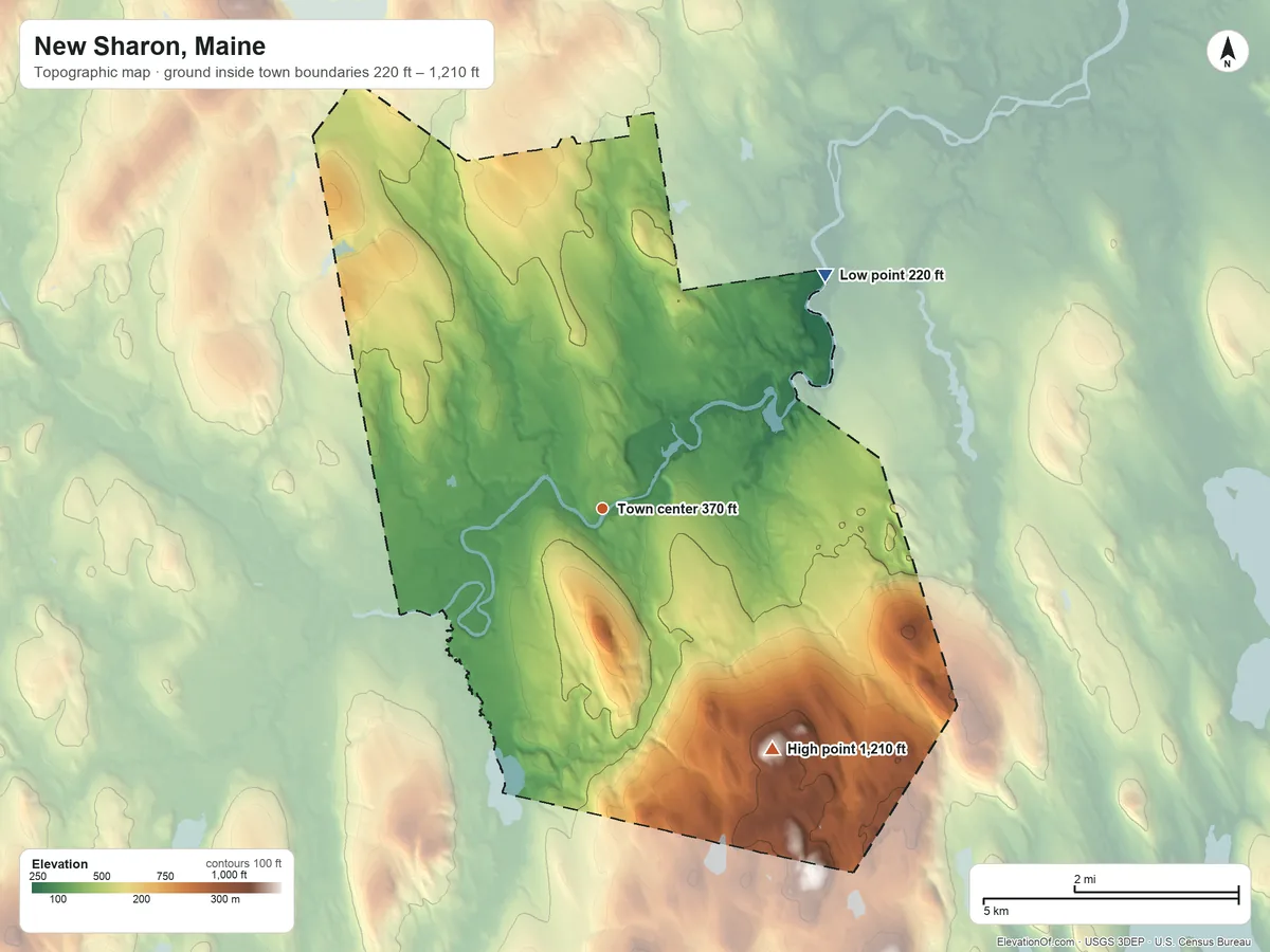 Topographic elevation map of New Sharon, Maine, shaded from 220 ft on the northeast side to 1,210 ft on York Hill