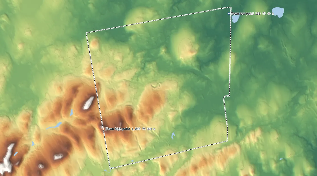 Topographic elevation map of Newburgh, Maine, shaded from 130 ft on the northeast side to 1,050 ft on Piper Mountain