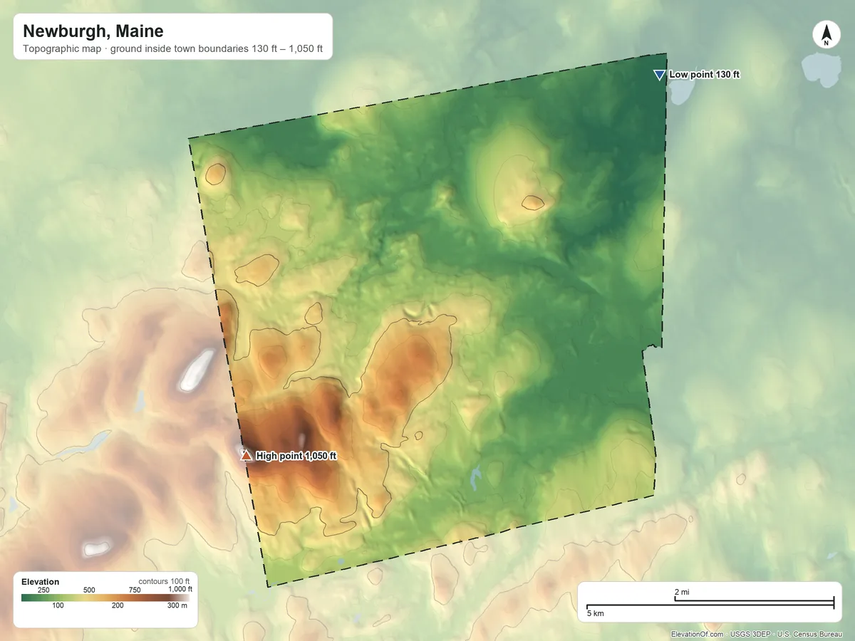 Topographic elevation map of Newburgh, Maine, shaded from 130 ft on the northeast side to 1,050 ft on Piper Mountain