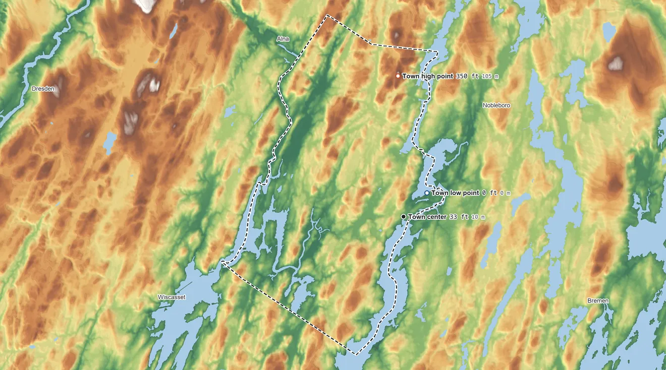 Topographic elevation map of Newcastle, Maine, shaded from sea level level on Salt Bay to 350 ft on Hunt Hill